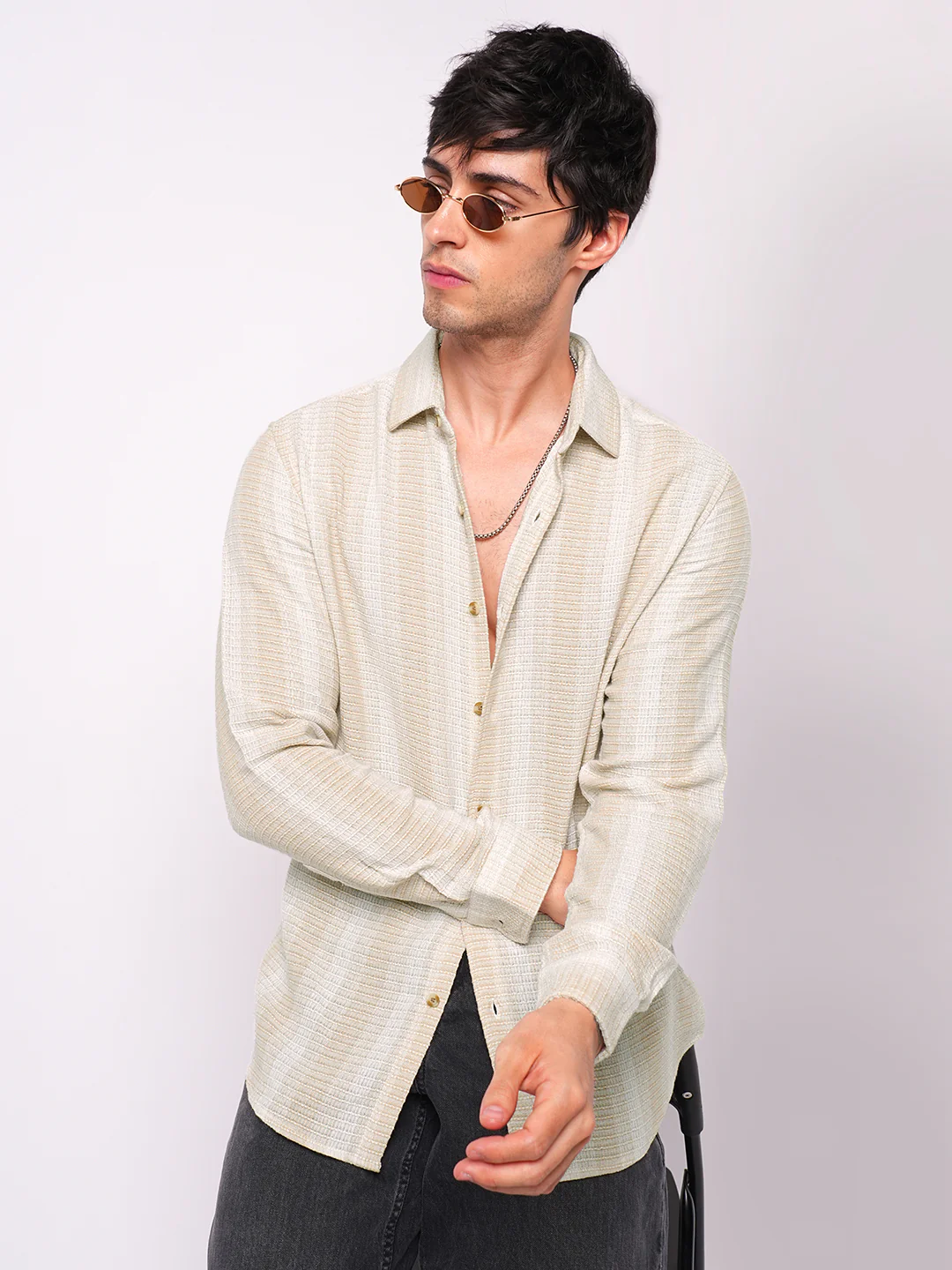 Beige Sun Bleach Woven Stripe Shirt - Image 4