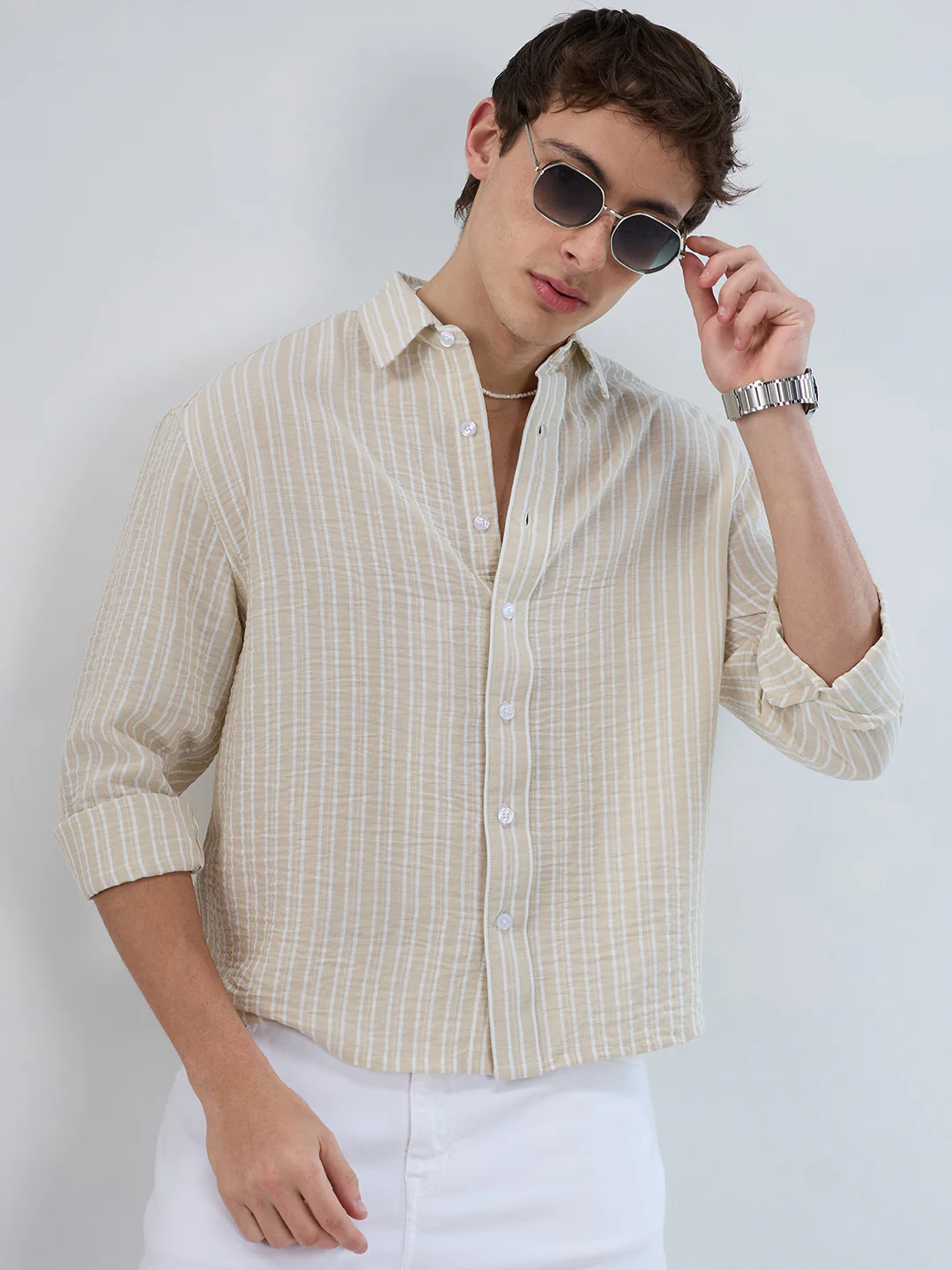 Beige Vertical Striped Crinkled Boxy Fit Crop Shirt - Image 2