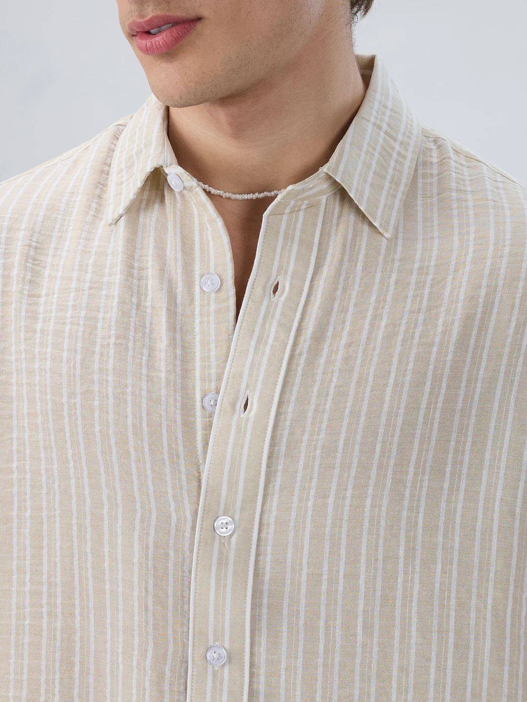 Beige Vertical Striped Crinkled Boxy Fit Crop Shirt - Image 3