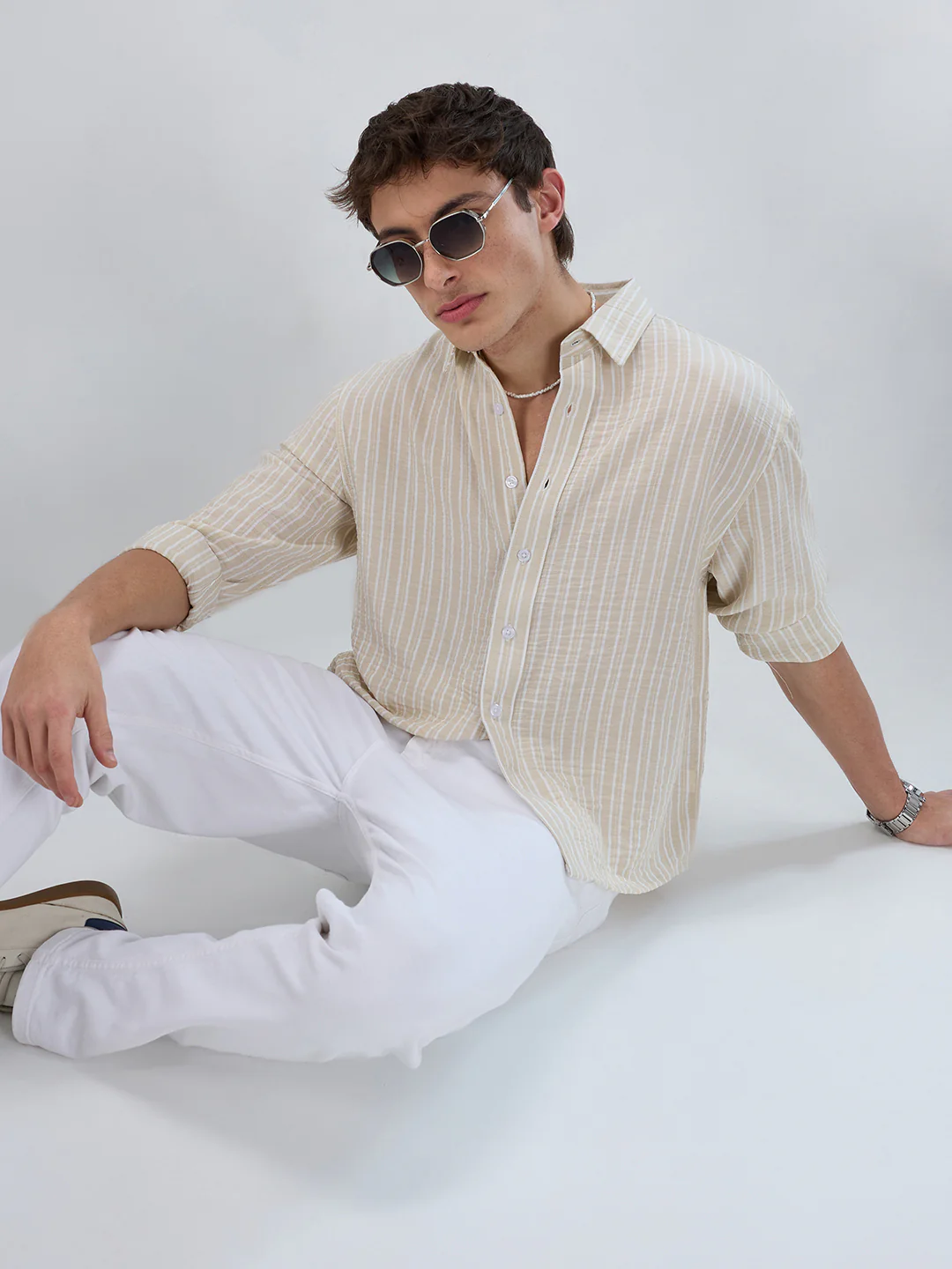 Beige Vertical Striped Crinkled Boxy Fit Crop Shirt - Image 4