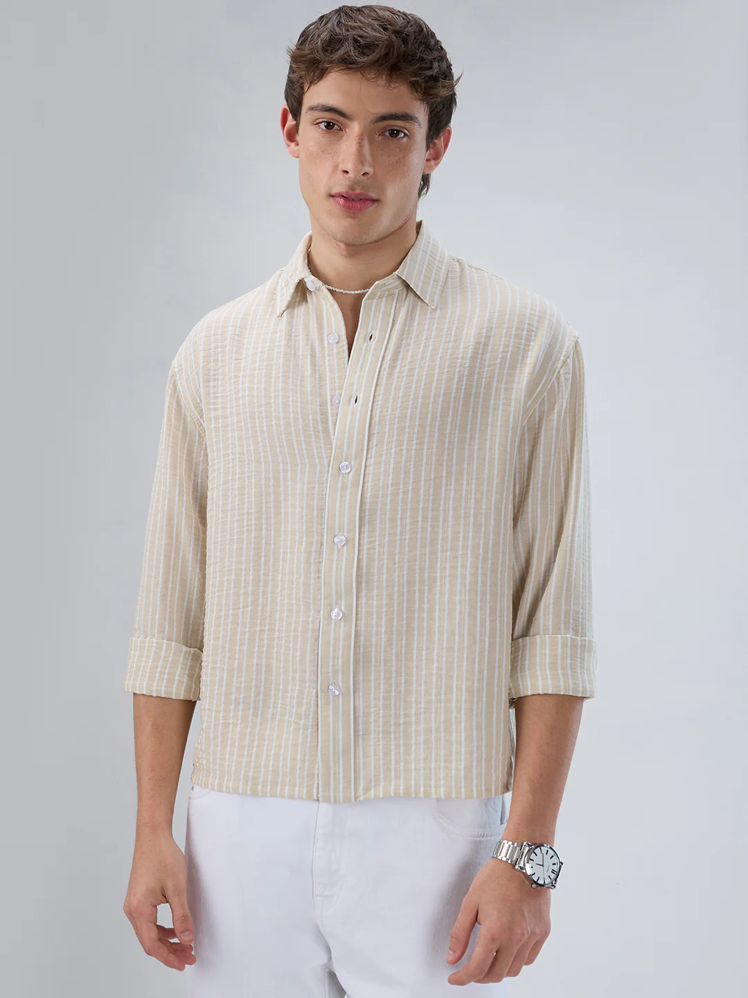 Beige Vertical Striped Crinkled Boxy Fit Crop Shirt - Image 5