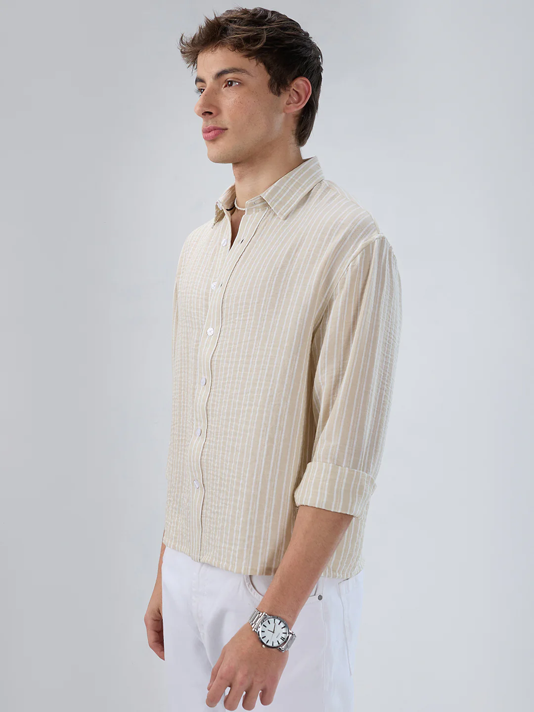 Beige Vertical Striped Crinkled Boxy Fit Crop Shirt - Image 6