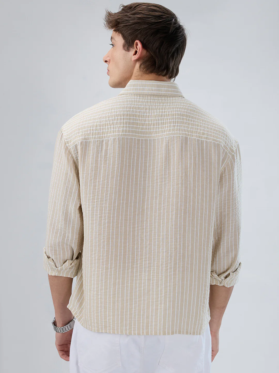 Beige Vertical Striped Crinkled Boxy Fit Crop Shirt - Image 7