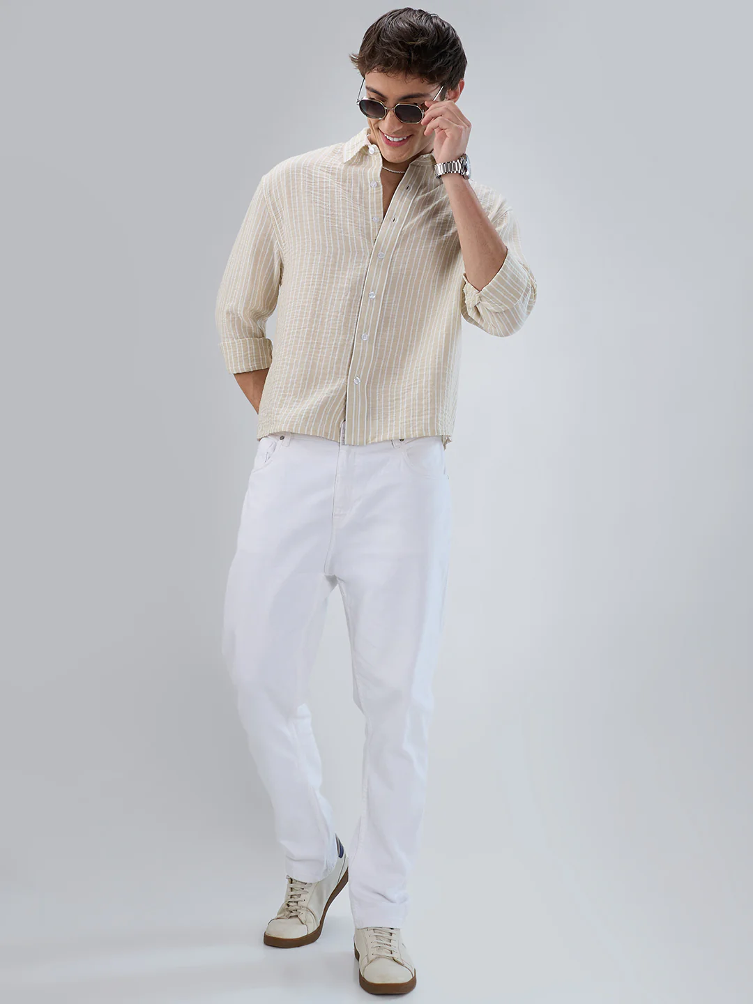 Beige Vertical Striped Crinkled Boxy Fit Crop Shirt - Image 8