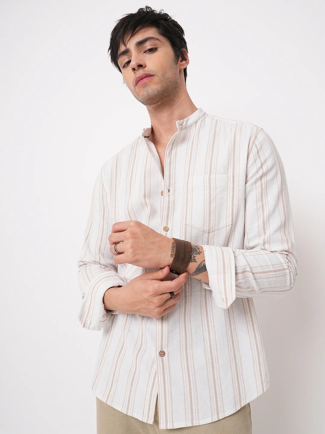 Beige & White Stripes Mandarin Shirt - Image 2