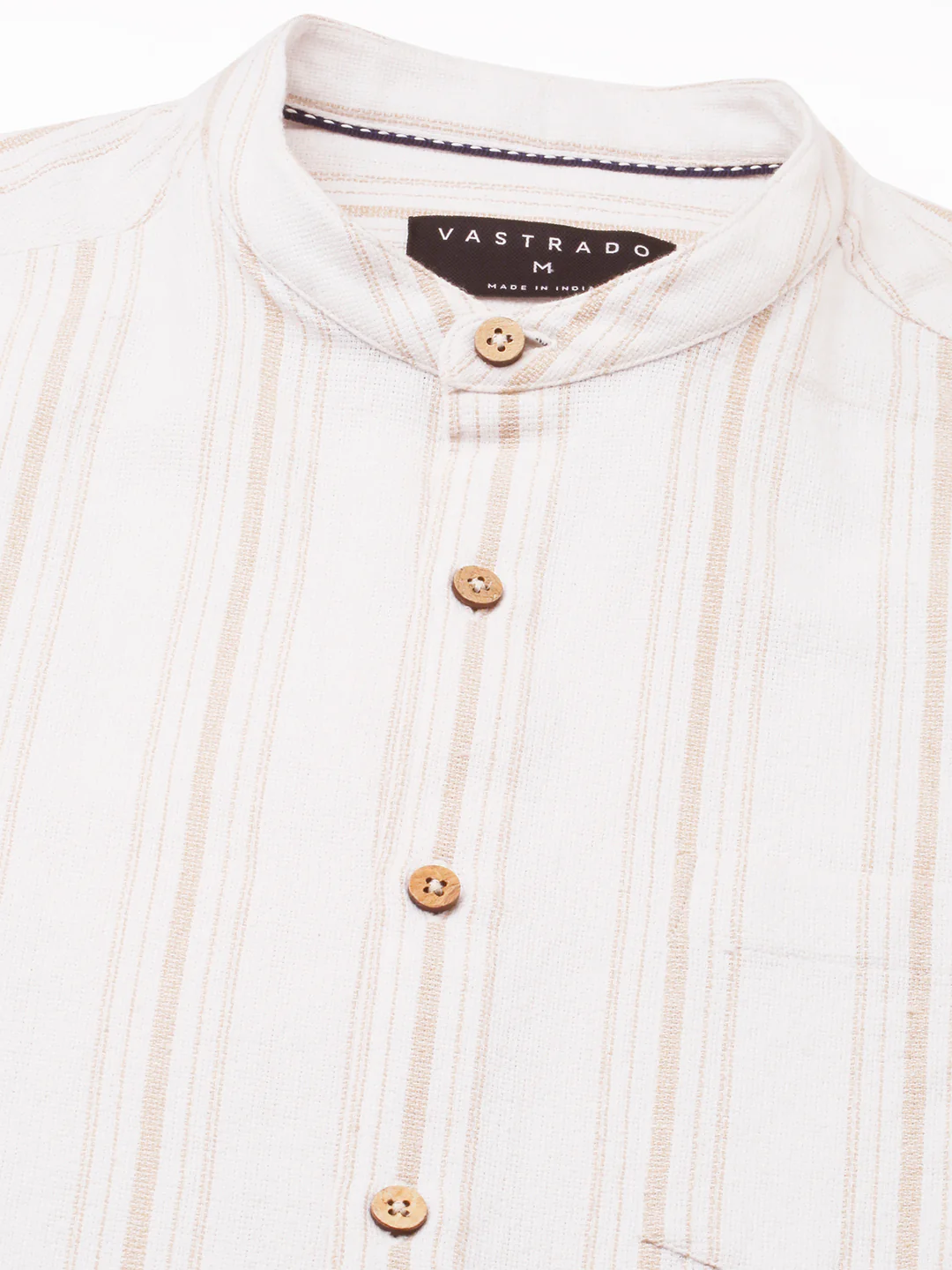Beige & White Stripes Mandarin Shirt - Image 3