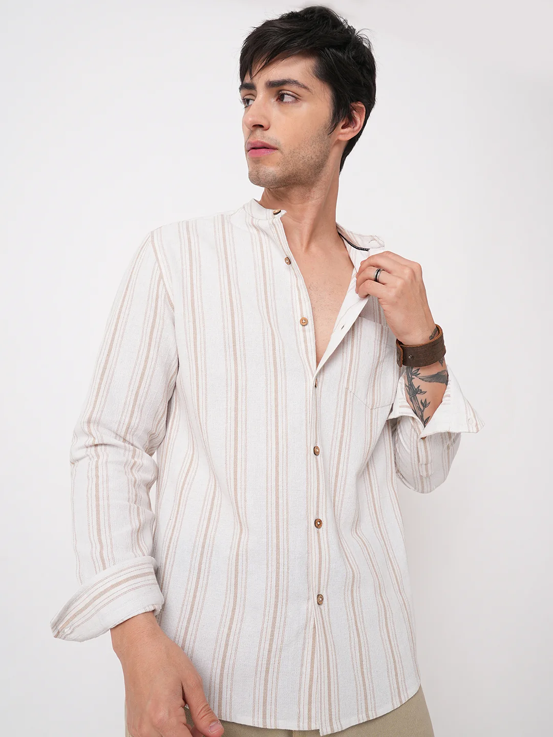 Beige & White Stripes Mandarin Shirt - Image 4