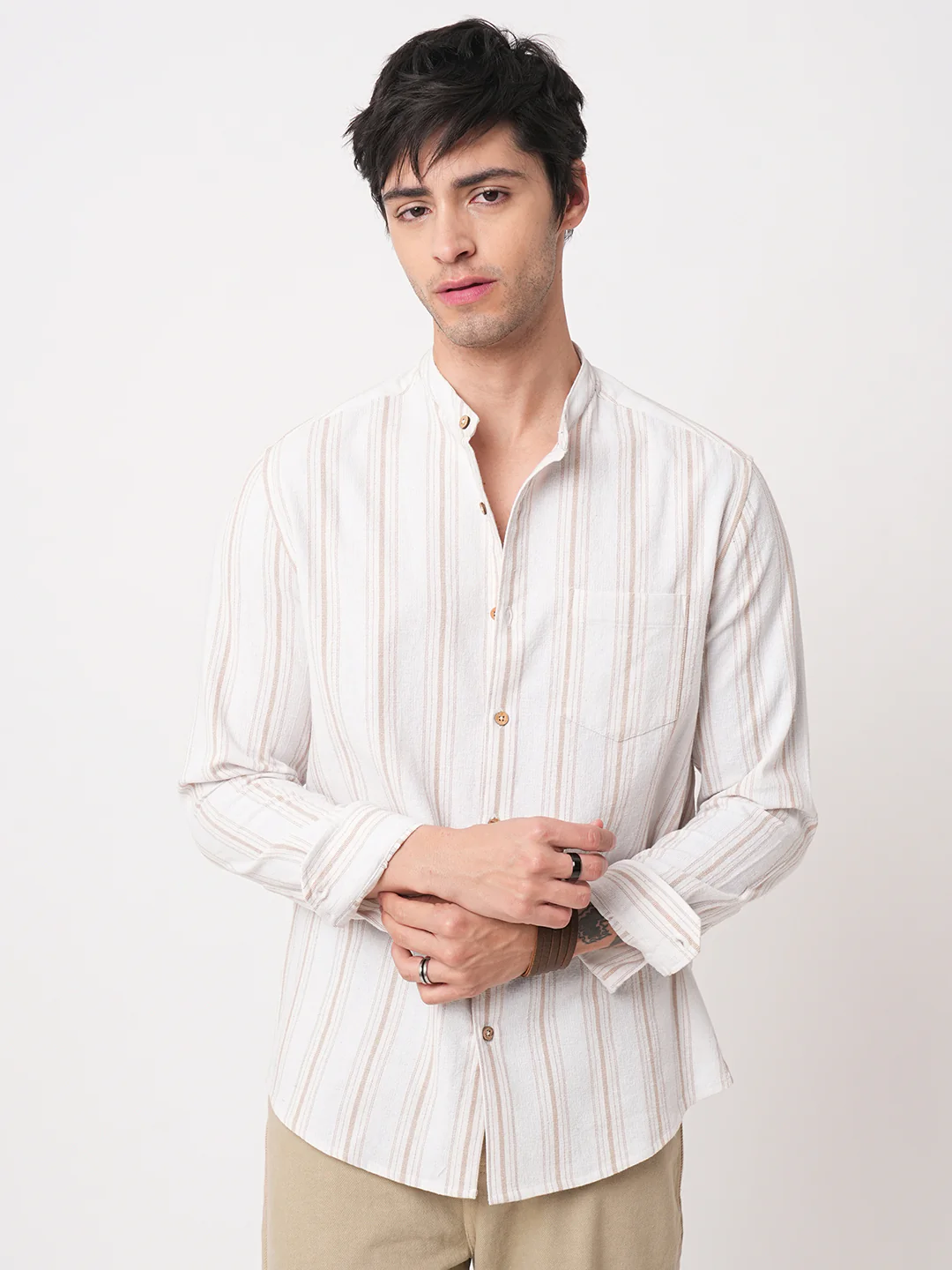 Beige & White Stripes Mandarin Shirt - Image 5