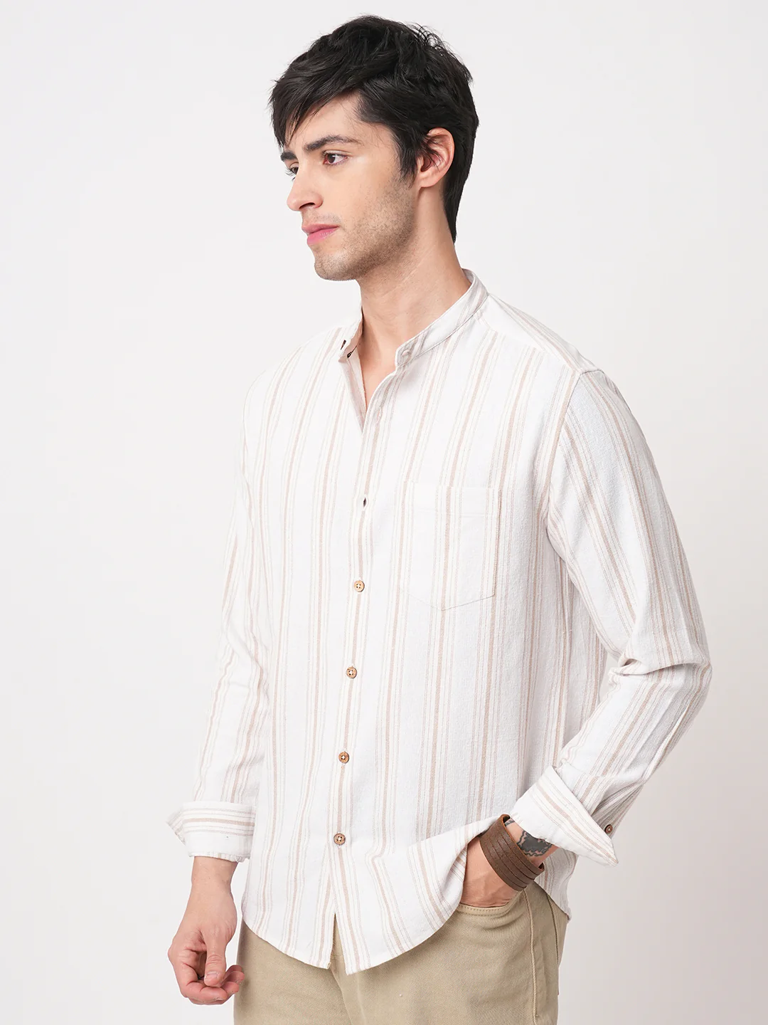Beige & White Stripes Mandarin Shirt - Image 6