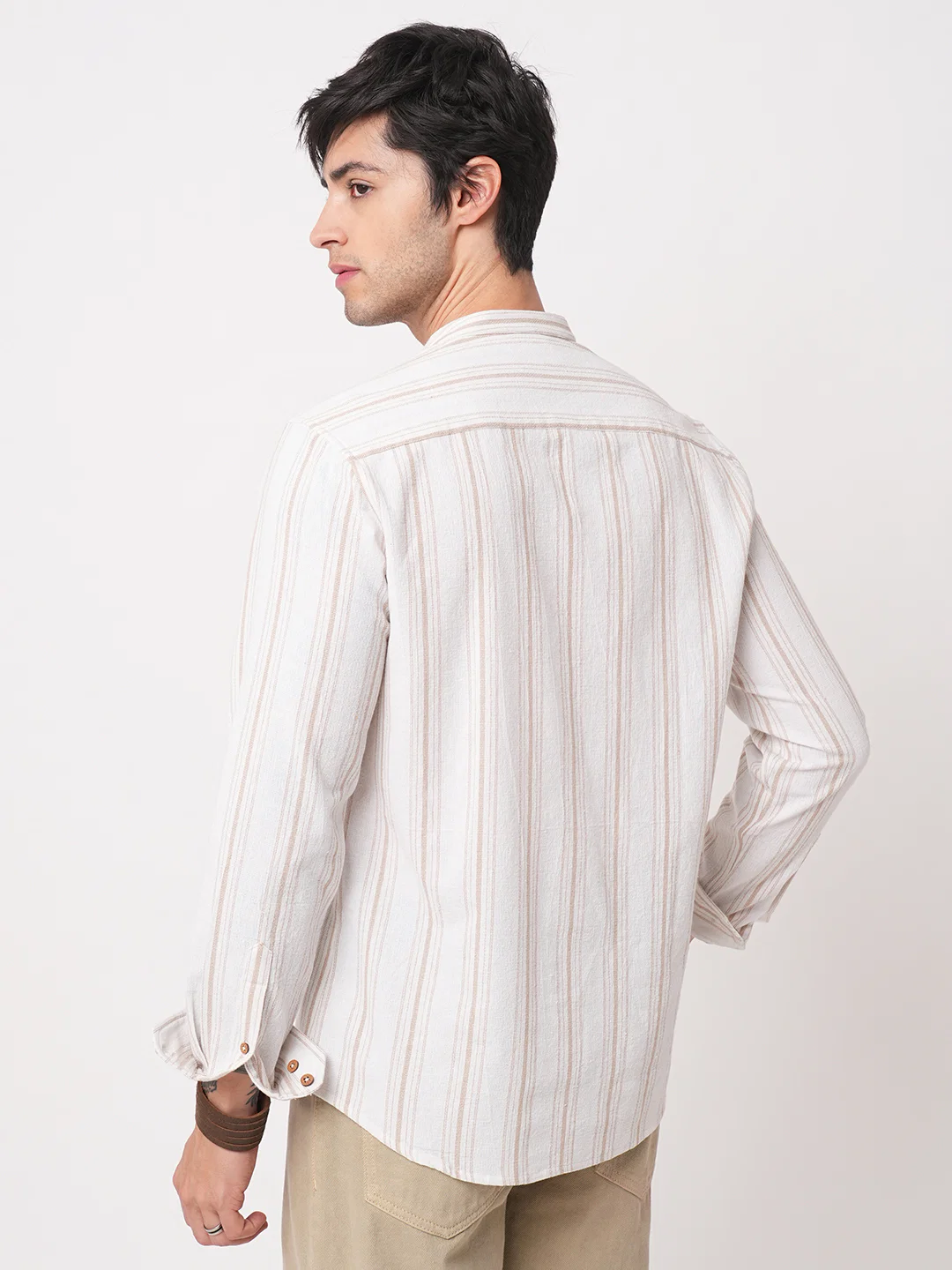 Beige & White Stripes Mandarin Shirt - Image 7