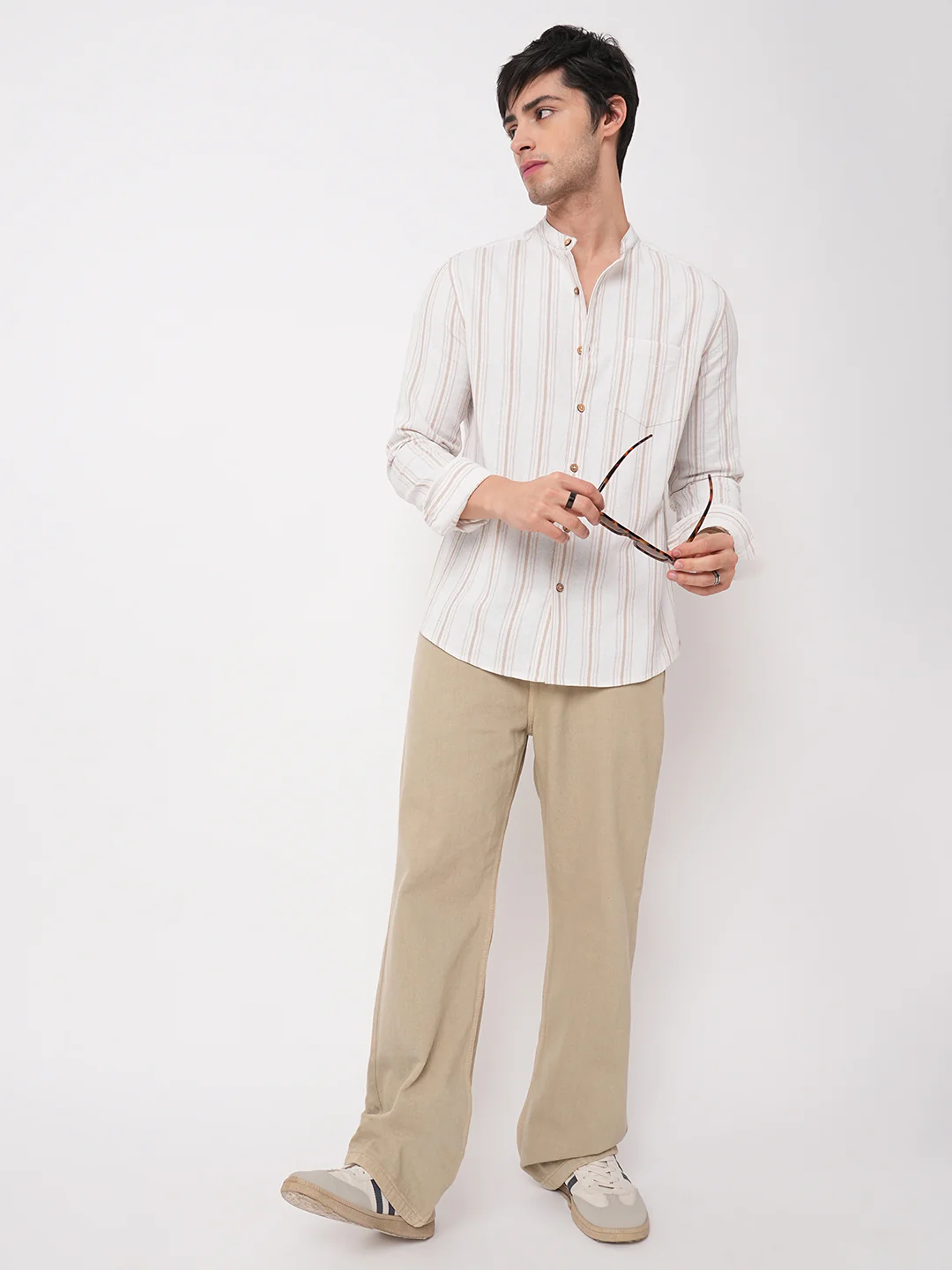 Beige & White Stripes Mandarin Shirt - Image 8