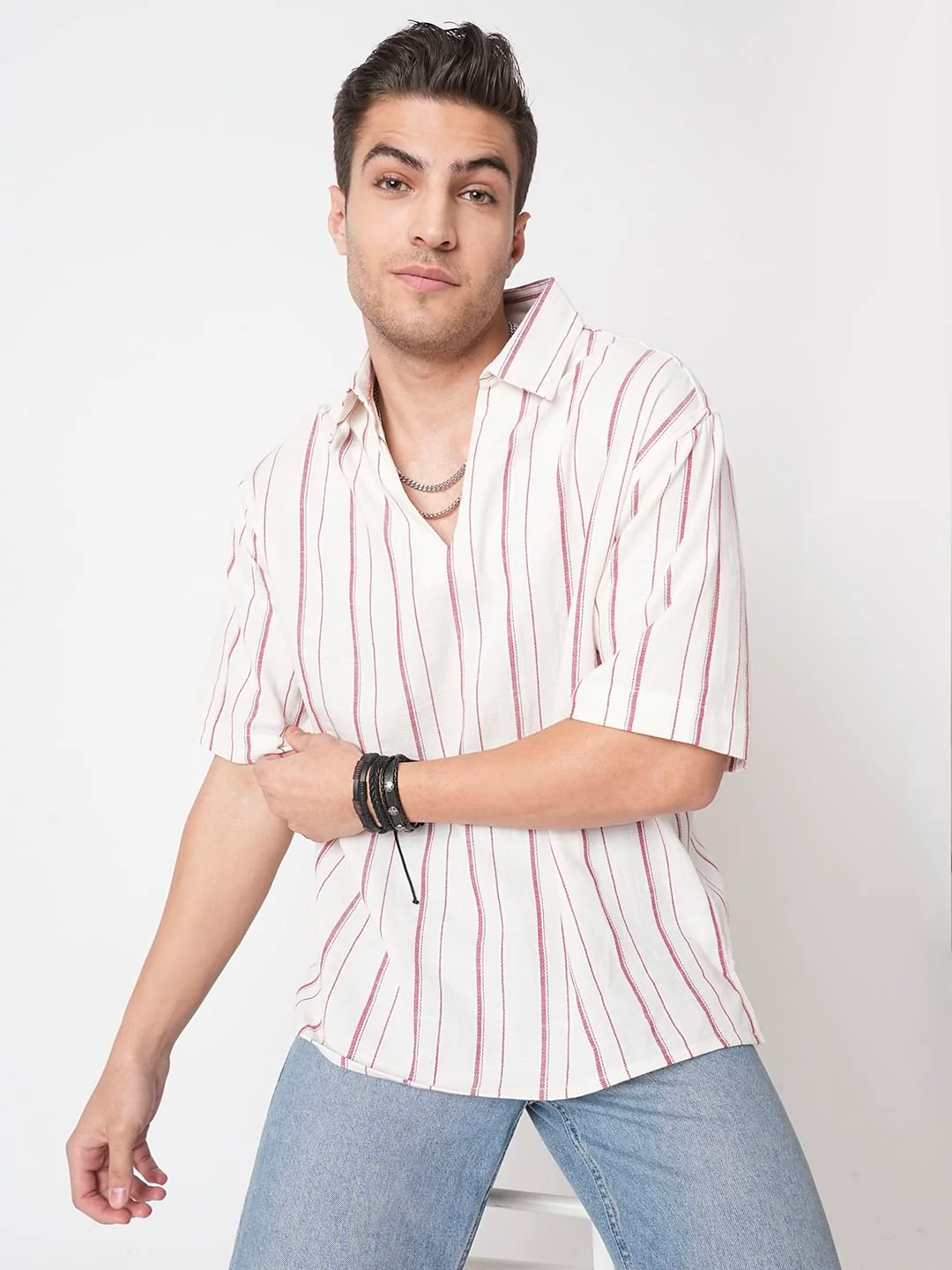 Berry Red & Off-White Striped Oversized Polo Shirt - Image 2