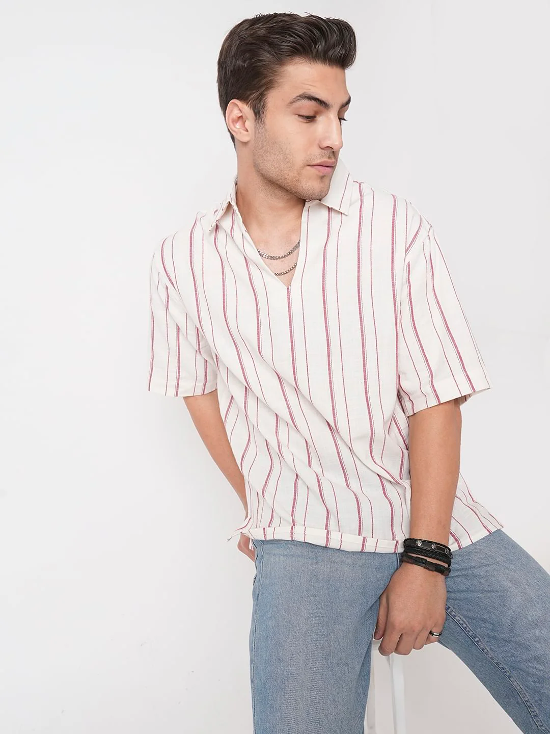 Berry Red & Off-White Striped Oversized Polo Shirt - Image 4