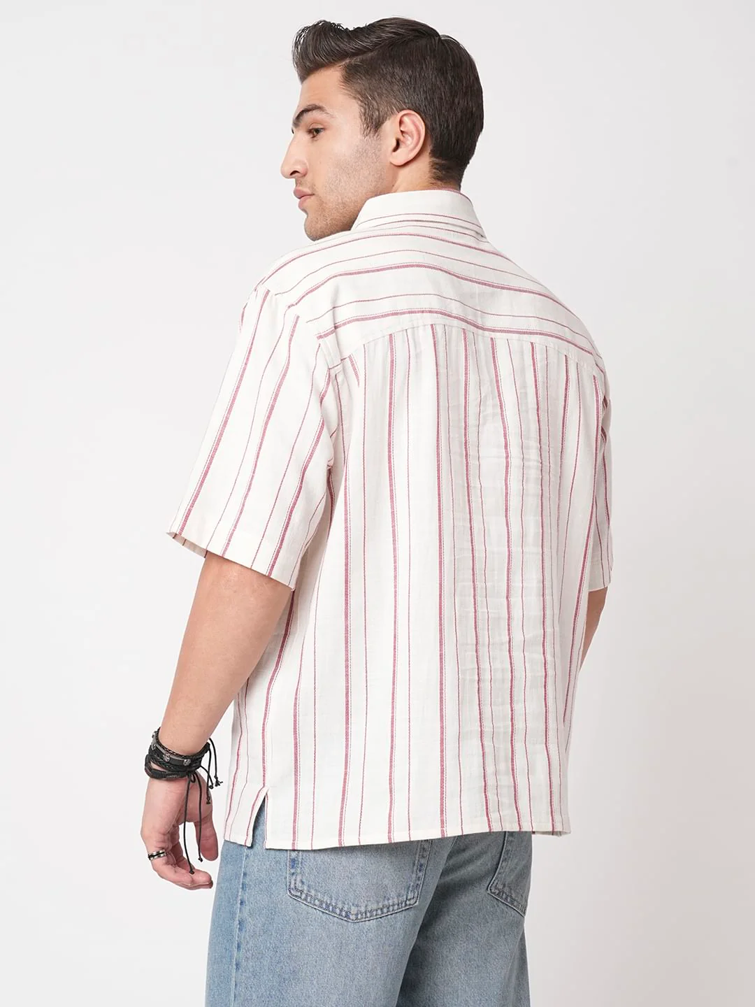 Berry Red & Off-White Striped Oversized Polo Shirt - Image 7