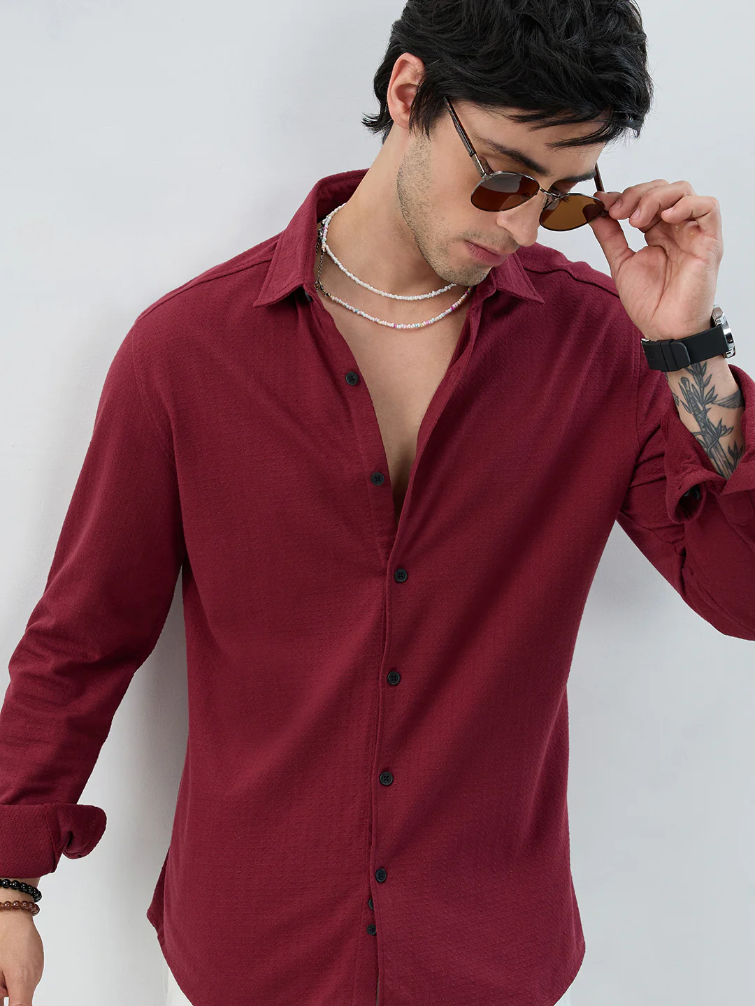 Berry Red Subtle Textured Knit Shirt - Image 2