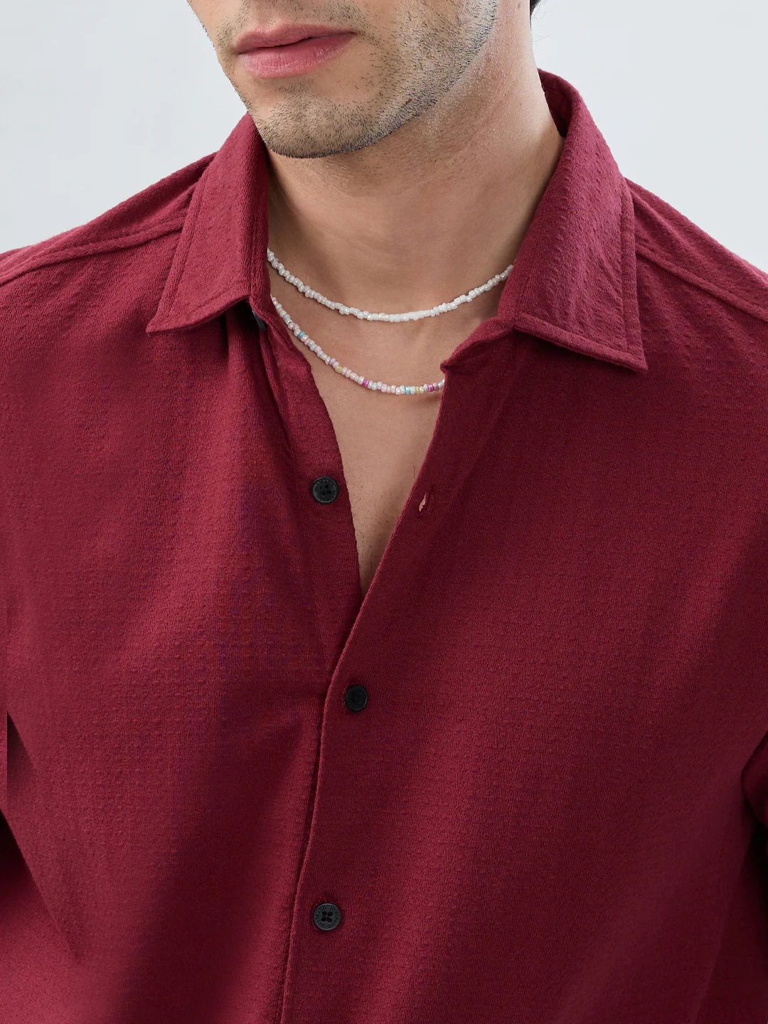 Berry Red Subtle Textured Knit Shirt - Image 3