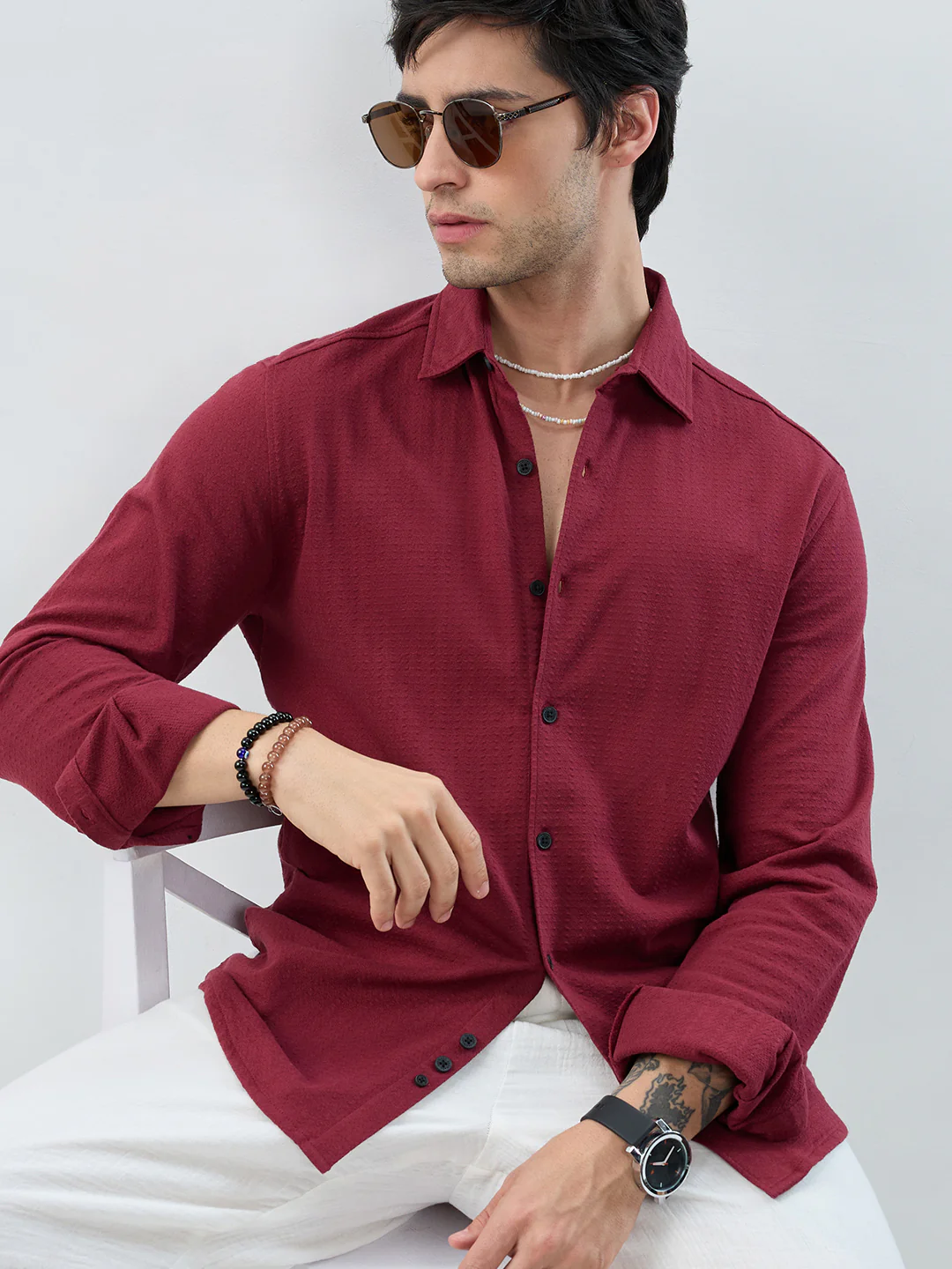 Berry Red Subtle Textured Knit Shirt - Image 4