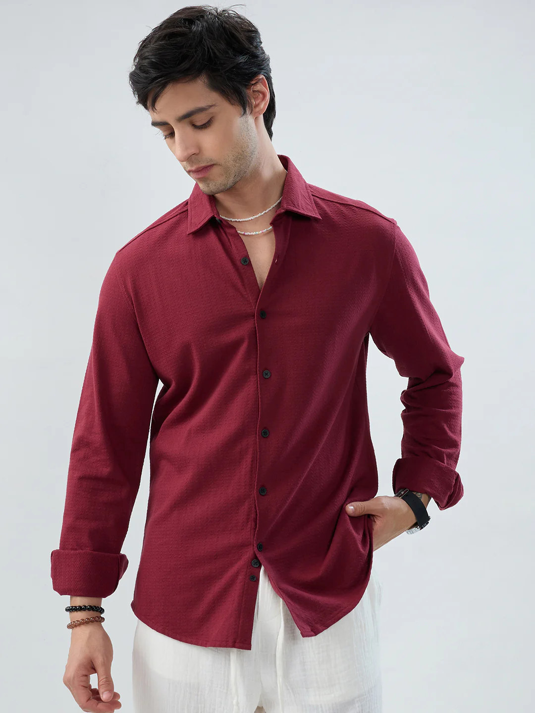 Berry Red Subtle Textured Knit Shirt - Image 5
