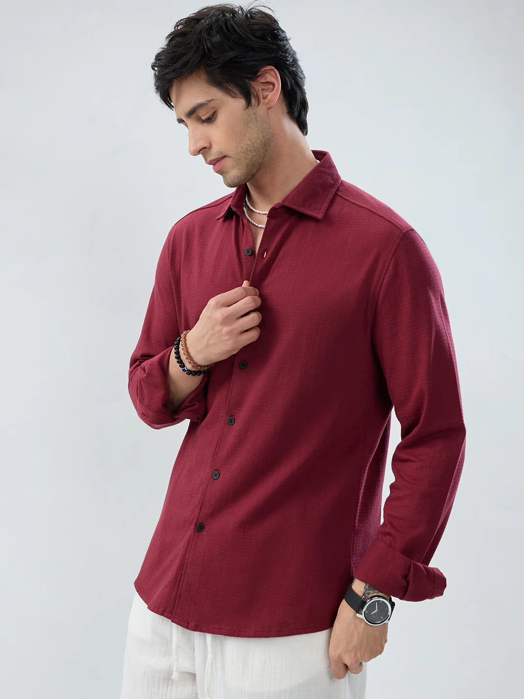 Berry Red Subtle Textured Knit Shirt - Image 6