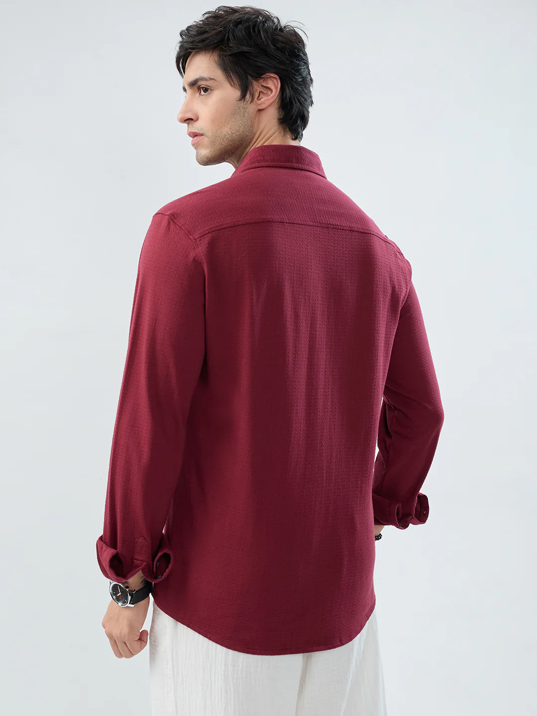 Berry Red Subtle Textured Knit Shirt - Image 7