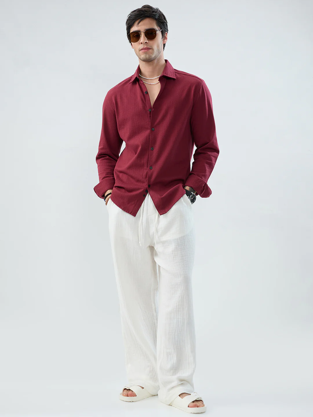 Berry Red Subtle Textured Knit Shirt - Image 8