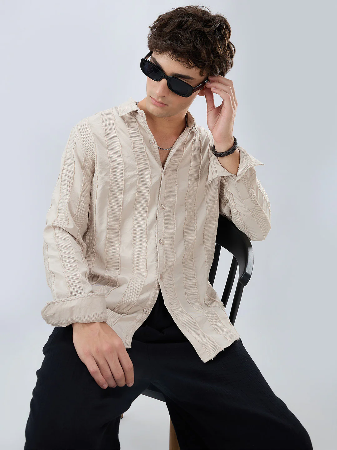 Bisque Beige Frayed Panelled Waffle Textured Shirt - Image 2