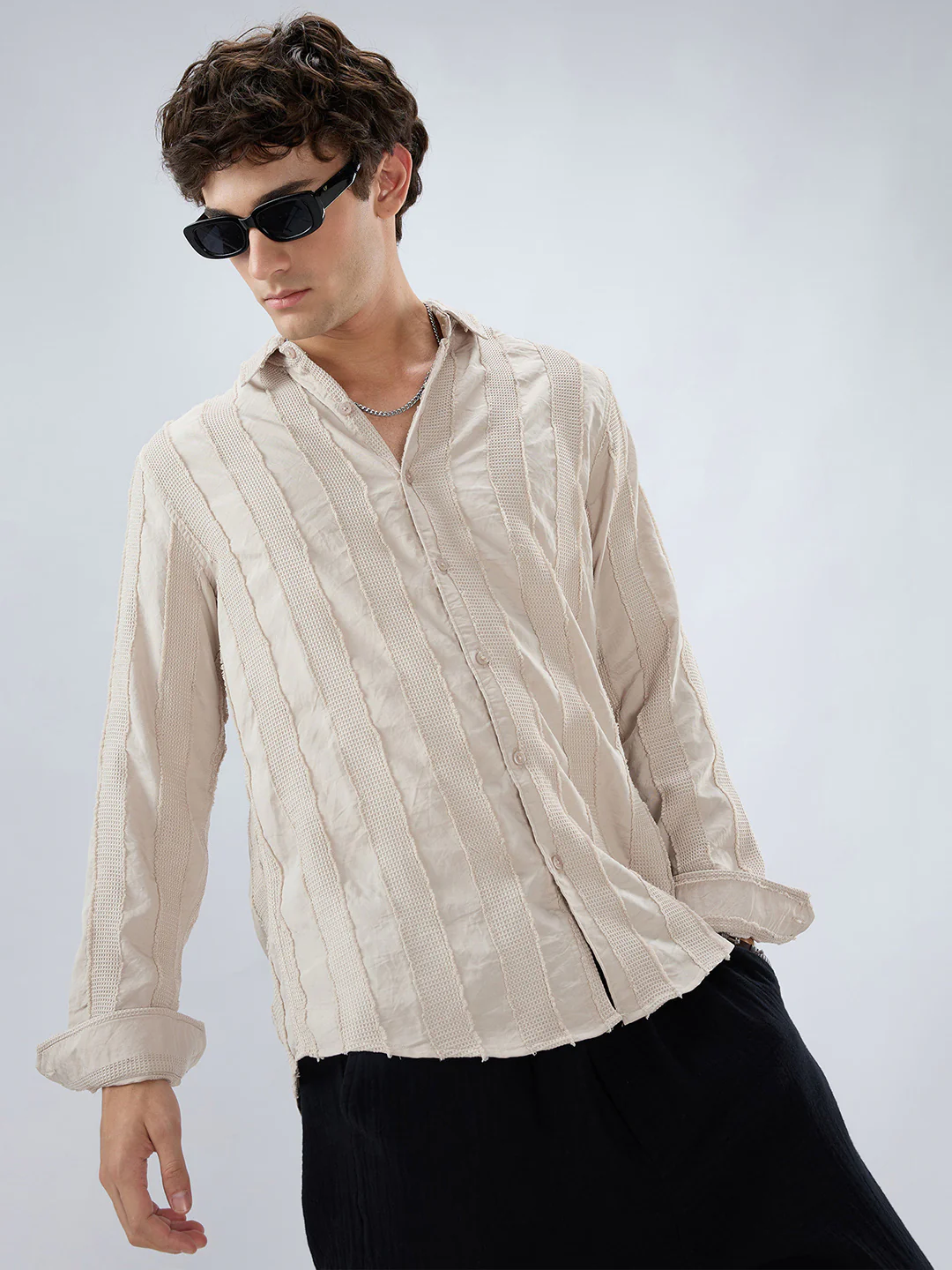Bisque Beige Frayed Panelled Waffle Textured Shirt - Image 4