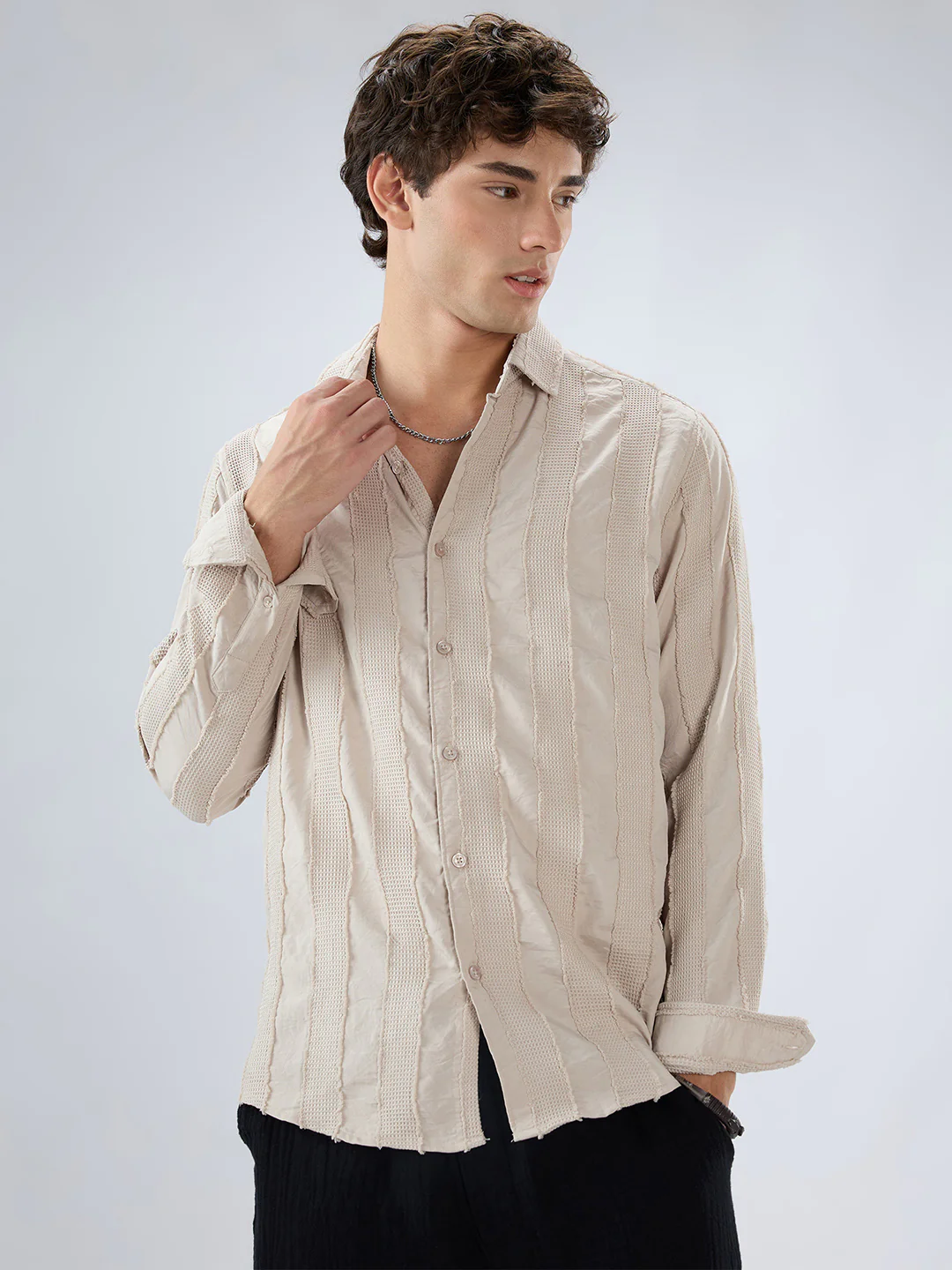 Bisque Beige Frayed Panelled Waffle Textured Shirt - Image 5