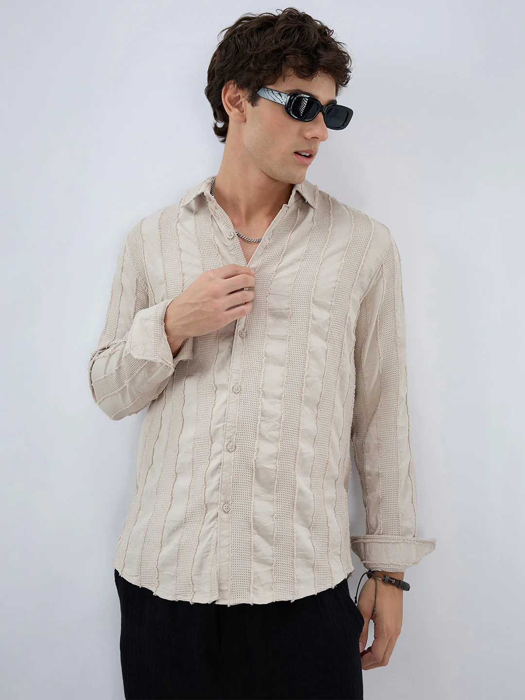 Bisque Beige Frayed Panelled Waffle Textured Shirt - Image 6