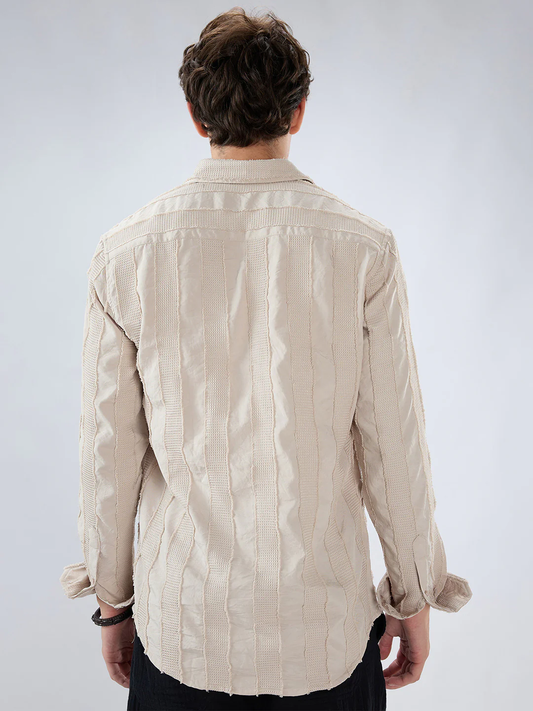 Bisque Beige Frayed Panelled Waffle Textured Shirt - Image 7