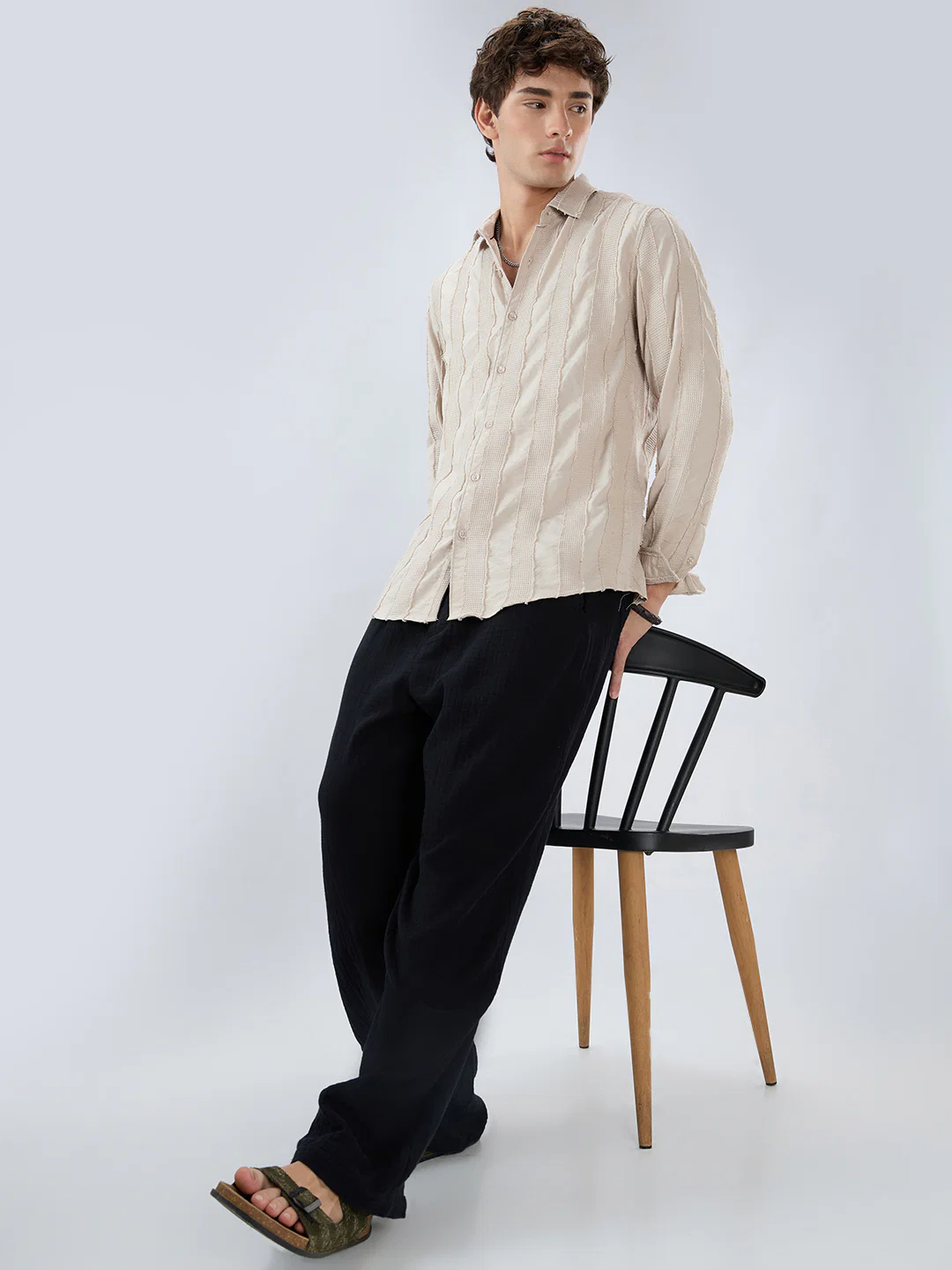Bisque Beige Frayed Panelled Waffle Textured Shirt - Image 8