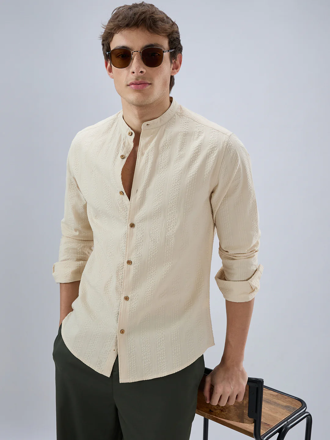 Bisque Beige Seersucker Striped Mandarin Shirt - Image 2