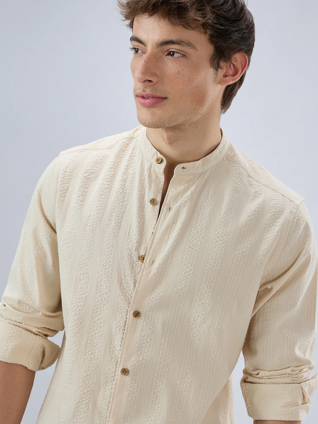 Bisque Beige Seersucker Striped Mandarin Shirt - Image 3