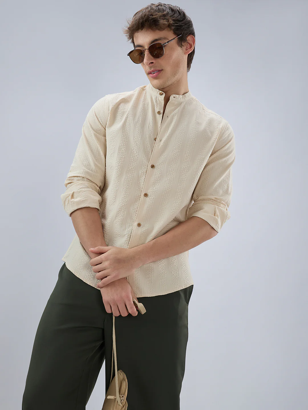 Bisque Beige Seersucker Striped Mandarin Shirt - Image 4