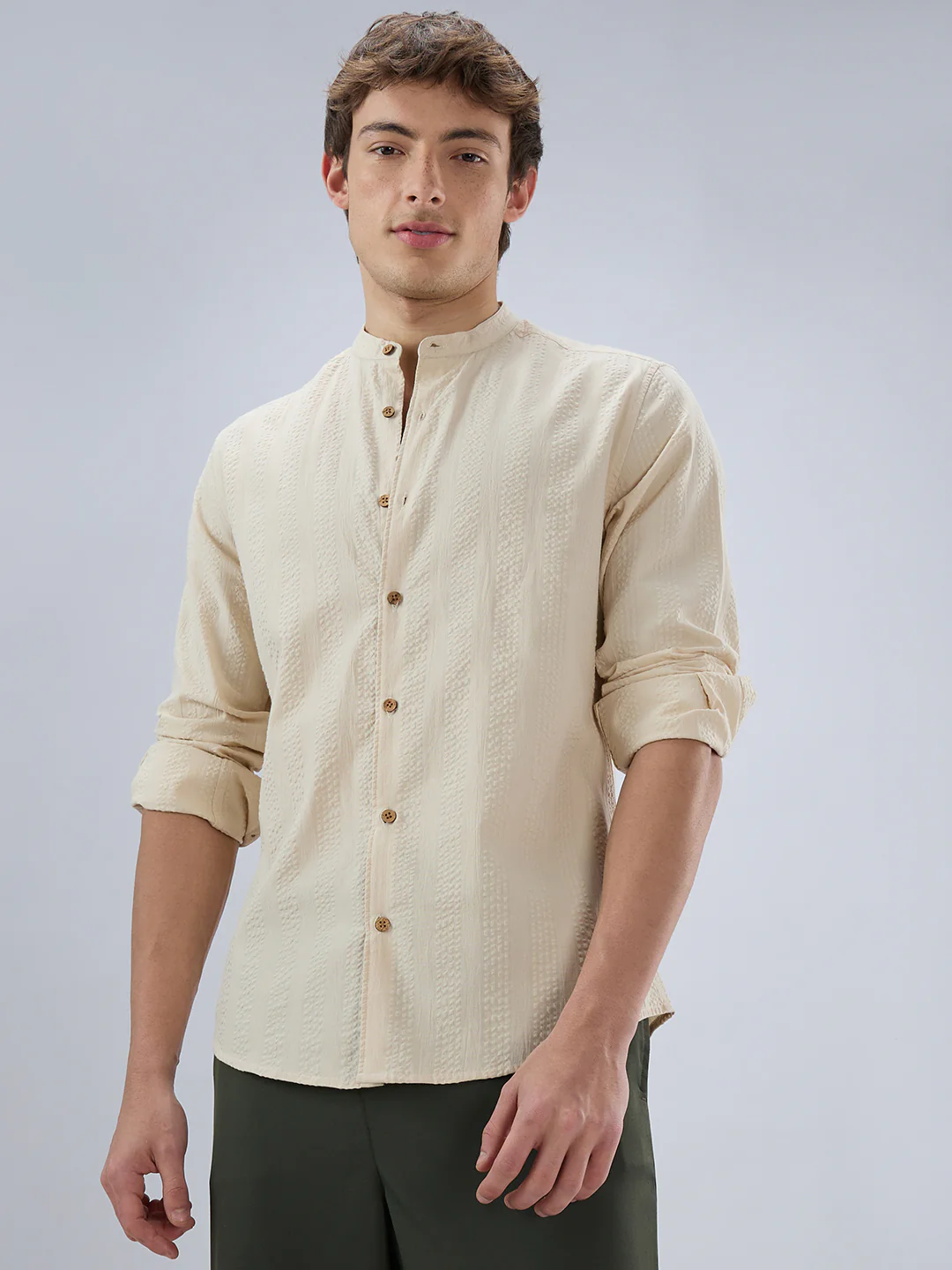 Bisque Beige Seersucker Striped Mandarin Shirt - Image 5
