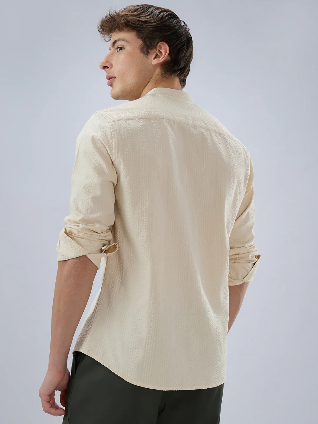 Bisque Beige Seersucker Striped Mandarin Shirt - Image 7