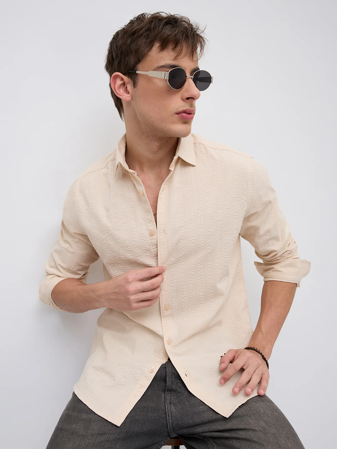 Bisque Beige Seersucker Striped Shirt