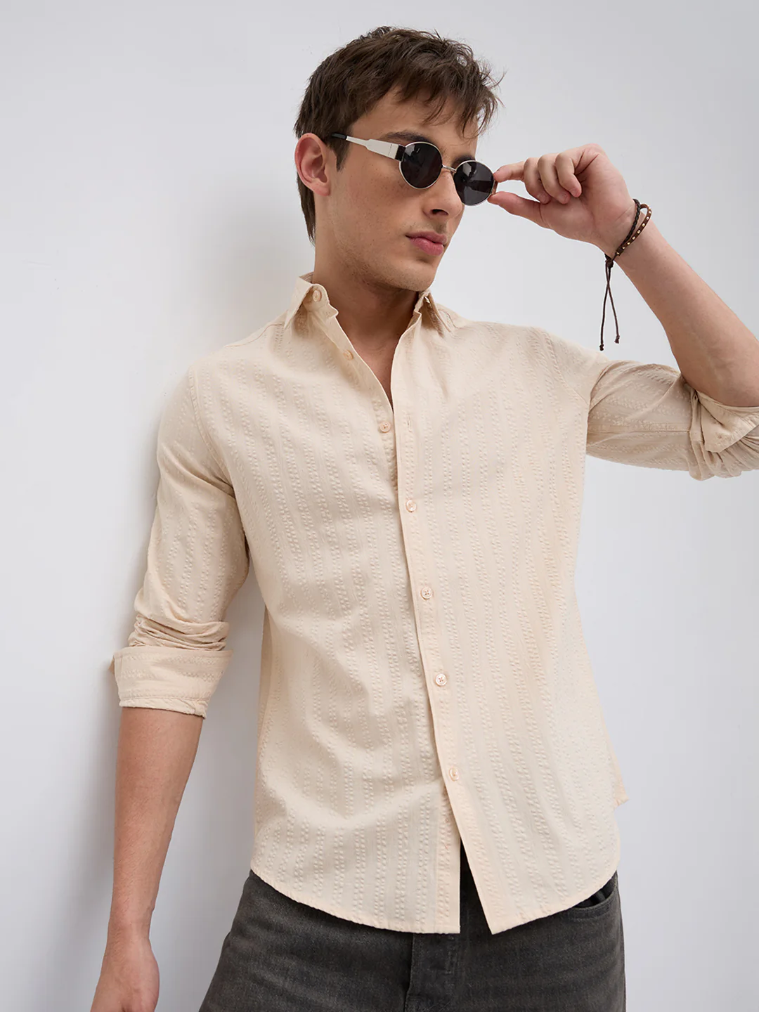 Bisque Beige Seersucker Striped Shirt - Image 2