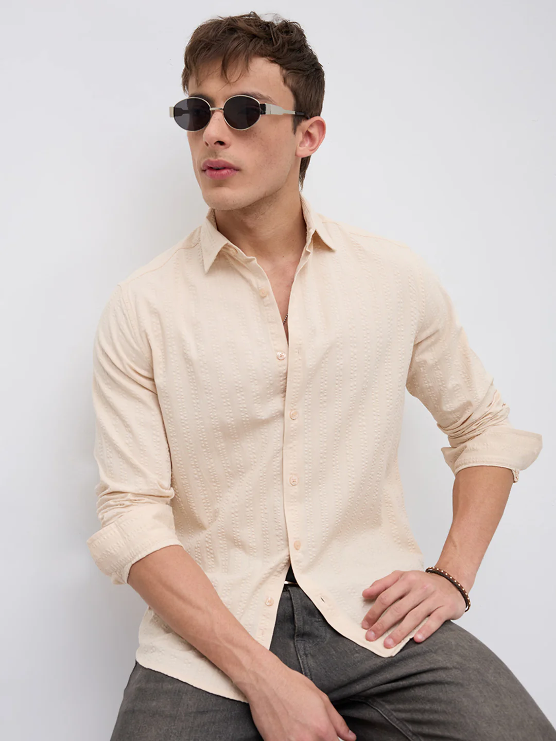 Bisque Beige Seersucker Striped Shirt - Image 4