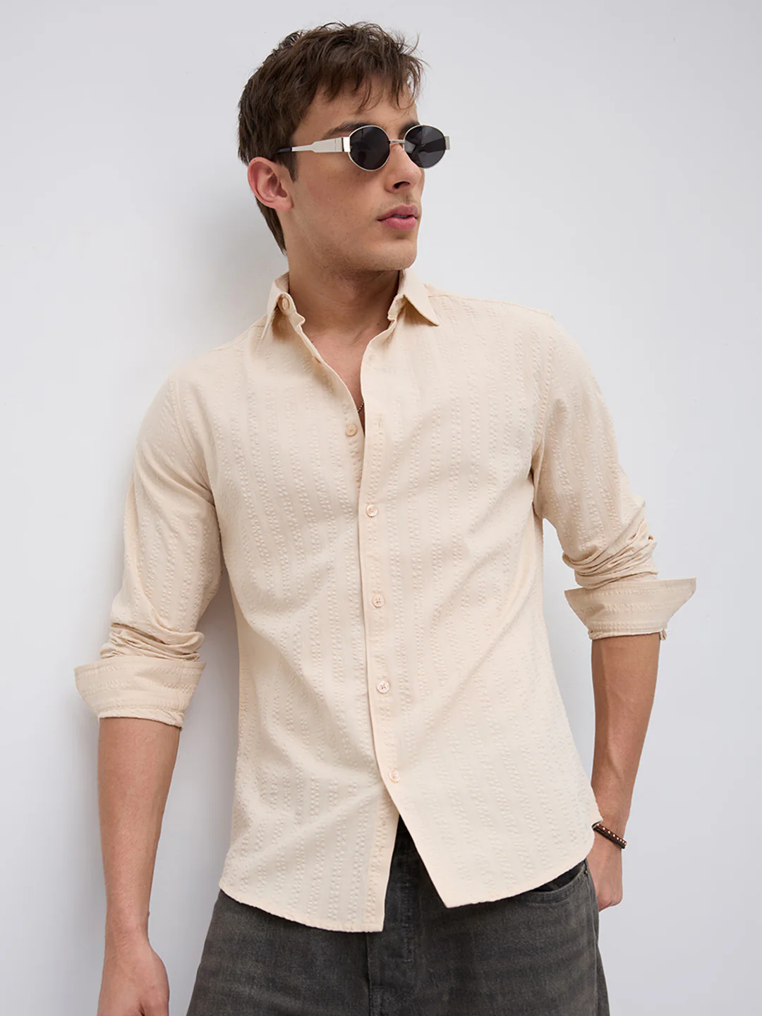 Bisque Beige Seersucker Striped Shirt - Image 5