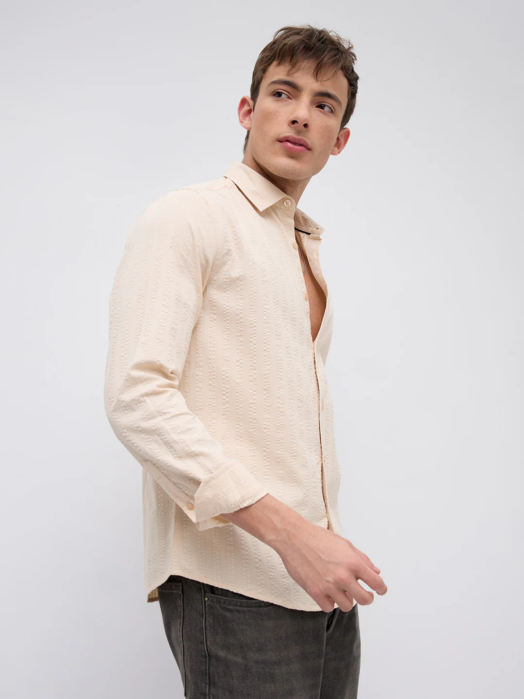 Bisque Beige Seersucker Striped Shirt - Image 6