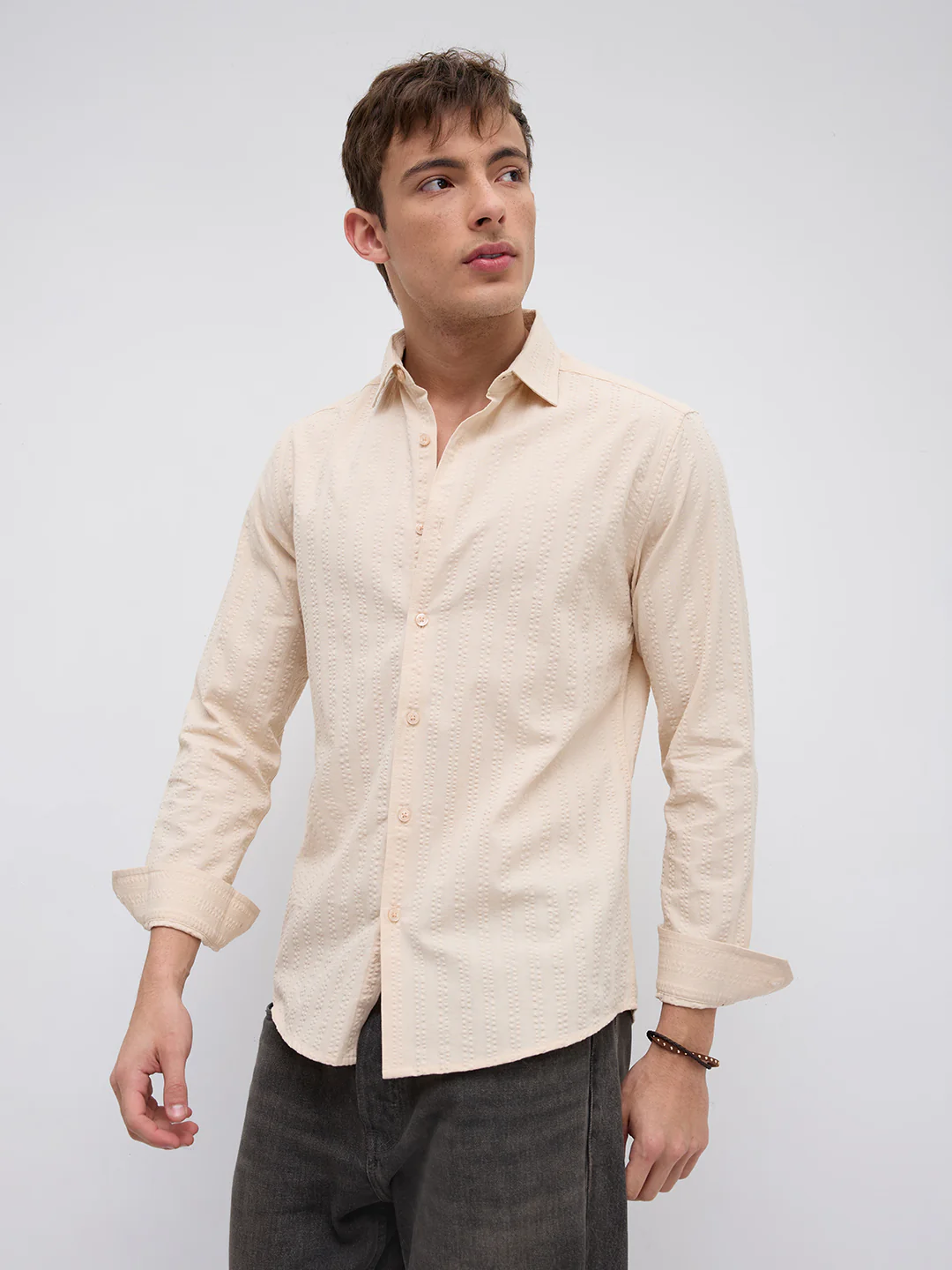 Bisque Beige Seersucker Striped Shirt - Image 7