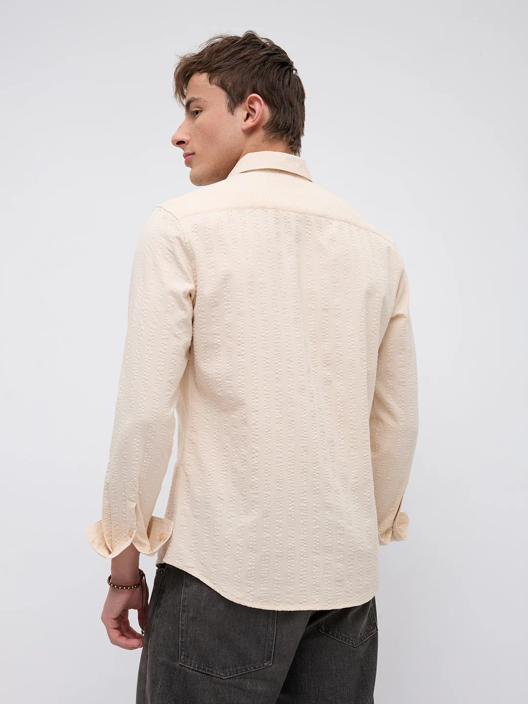 Bisque Beige Seersucker Striped Shirt - Image 8