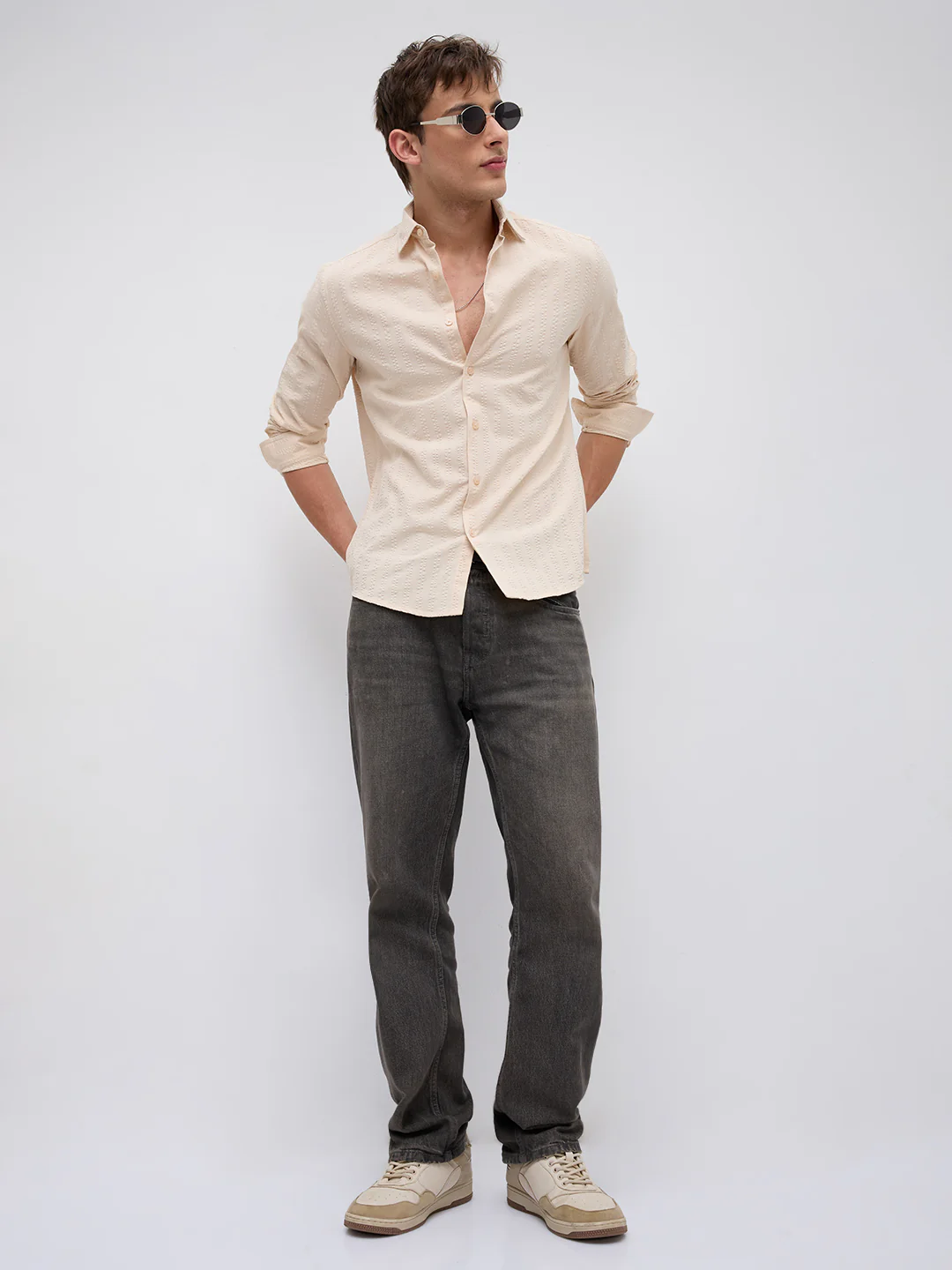 Bisque Beige Seersucker Striped Shirt - Image 9