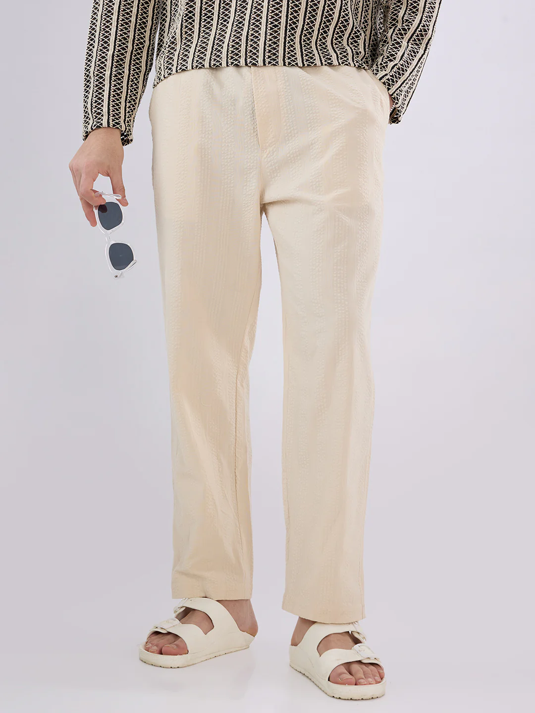 Bisque Beige Seersucker Striped Tapered Trousers - Image 2