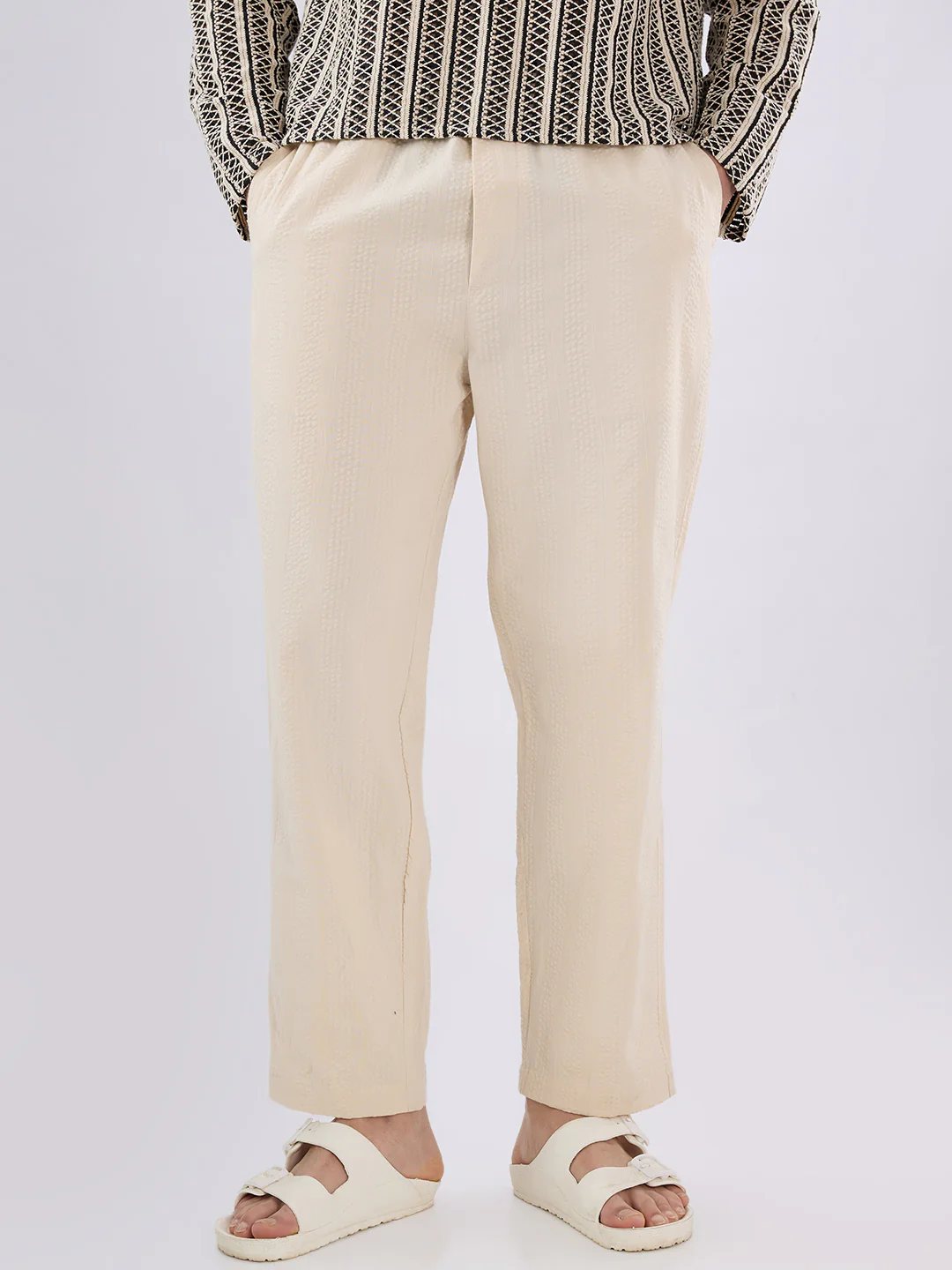 Bisque Beige Seersucker Striped Tapered Trousers - Image 4