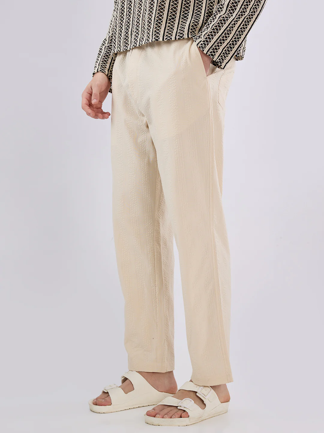 Bisque Beige Seersucker Striped Tapered Trousers - Image 5