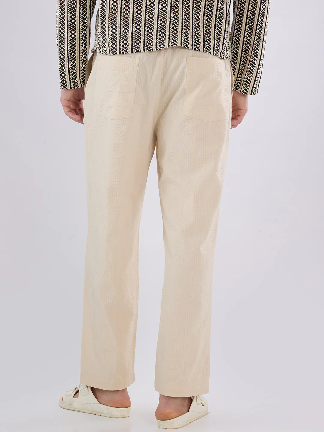 Bisque Beige Seersucker Striped Tapered Trousers - Image 6