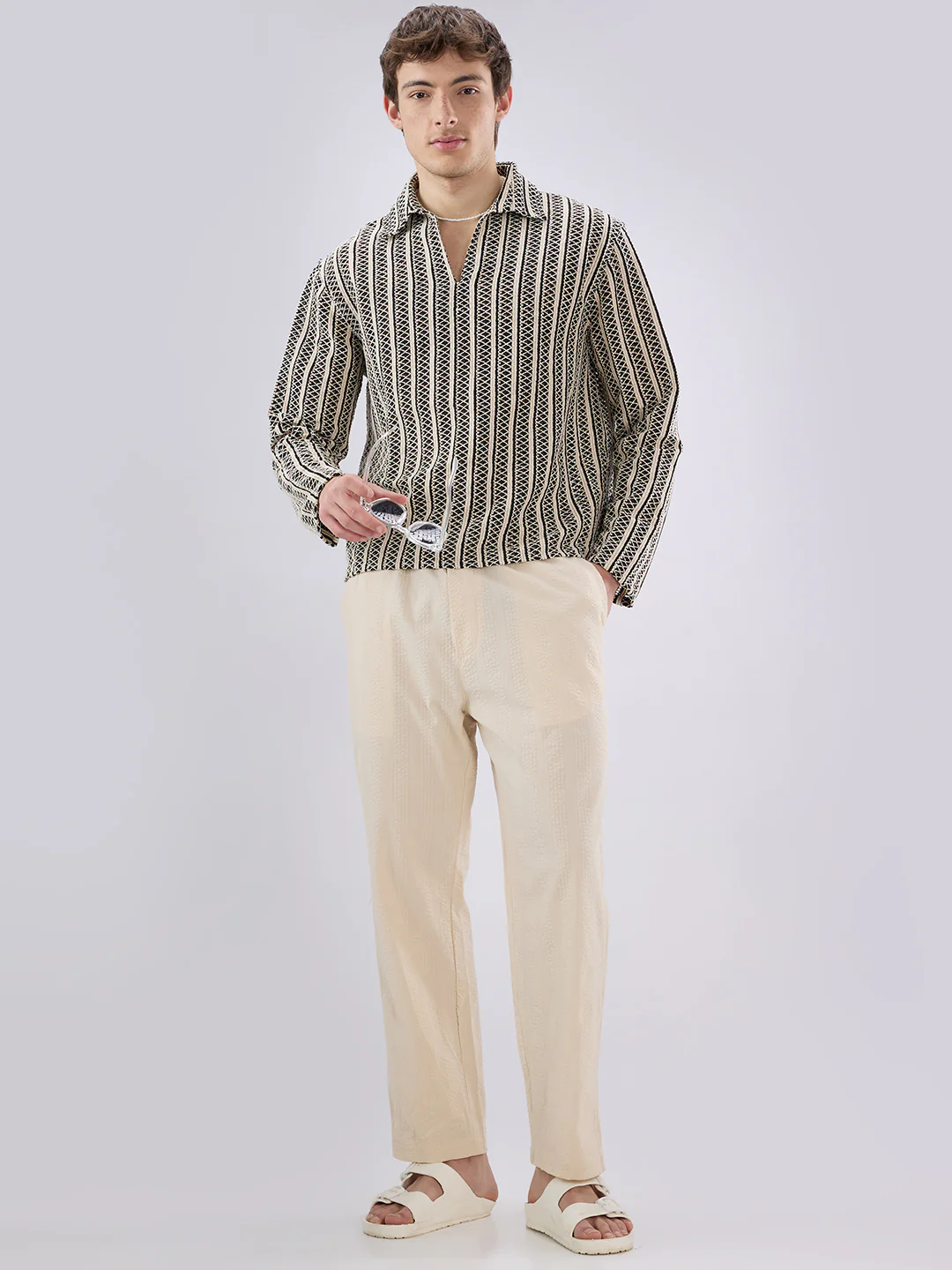Bisque Beige Seersucker Striped Tapered Trousers - Image 7