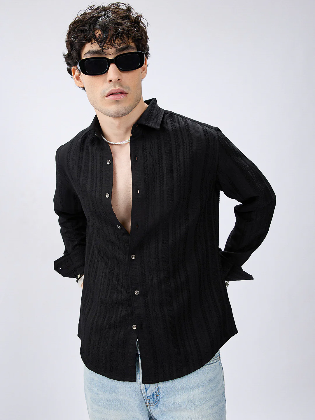 Black Artisan Woven Jacquard Striped Shirt - Image 2